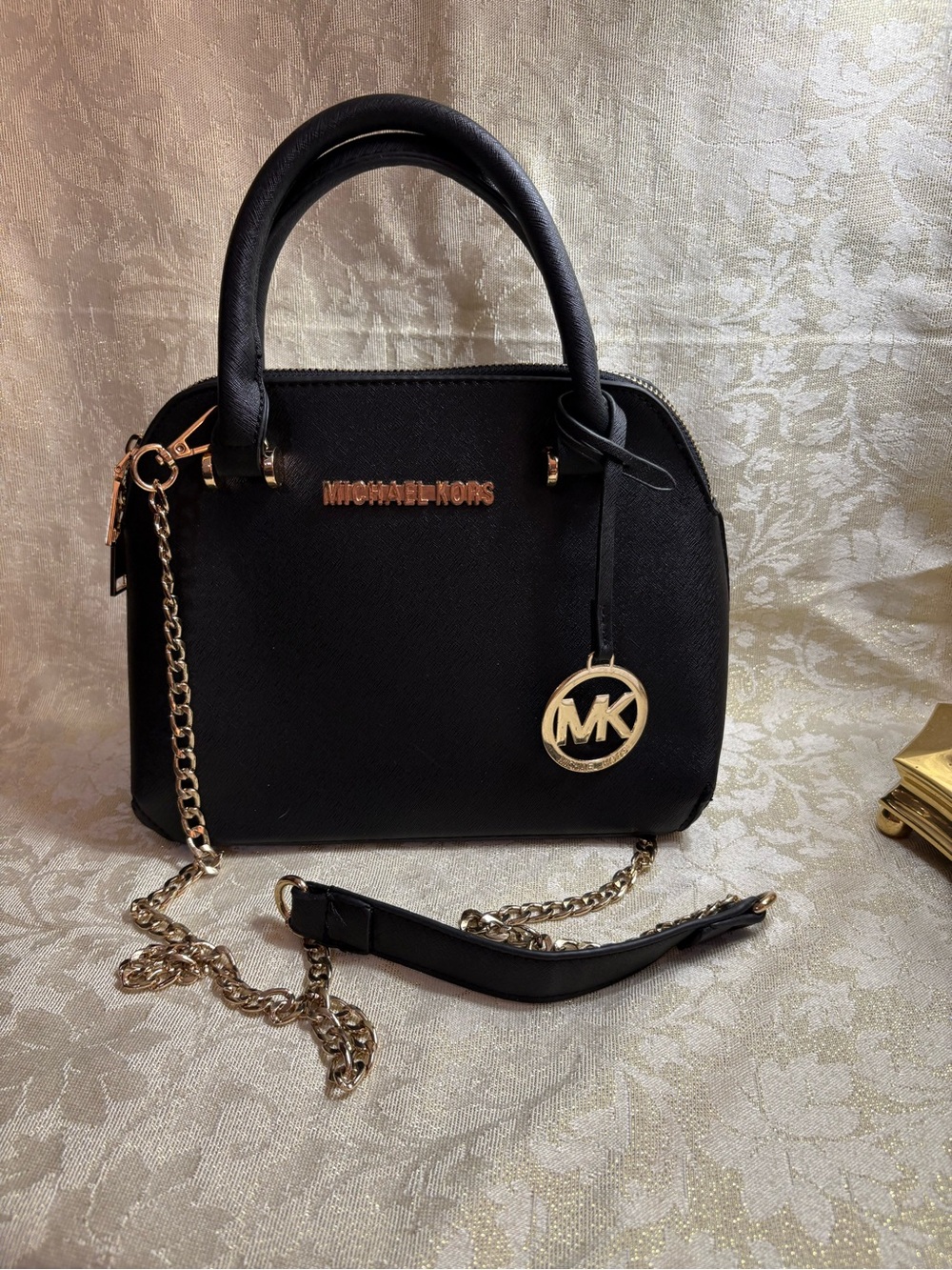 Michael Kors Black Dome Satchel XS with Gold Hardware and MK Charm